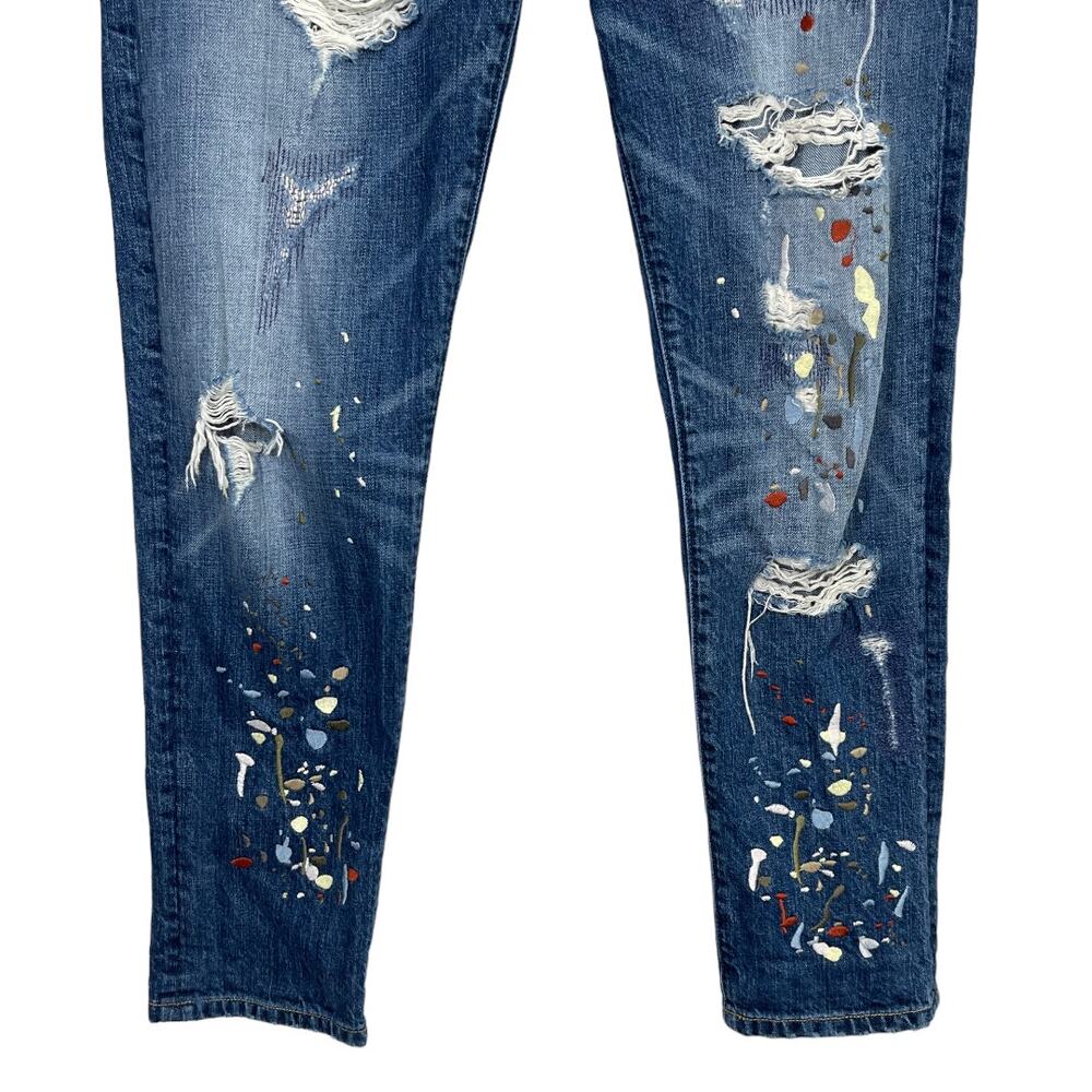MM Vintage Distressed Embroidered Boyfriend Jeans 26 Splatter Paint Boho Grunge - Picture 3 of 6